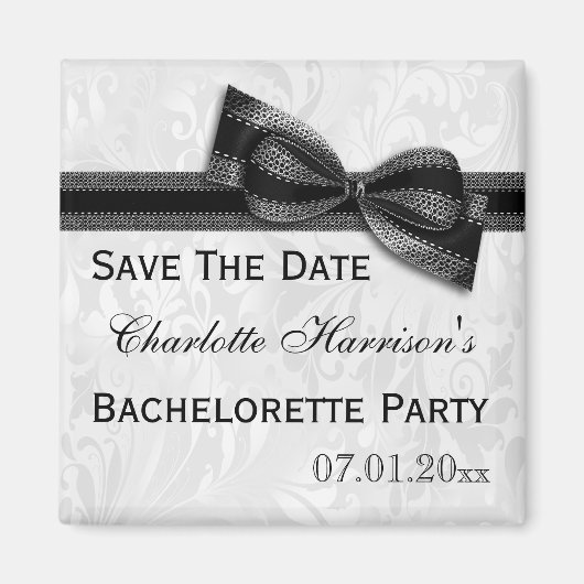 White Damask & Imitats Bow Bachelorette Save the D Magnet (Vorne)