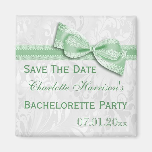 White Damask & Imitats Bow Bachelorette Save the D Magnet (Vorne)