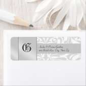 White Damask Monogram Silver Wedding Address Label (Insitu)