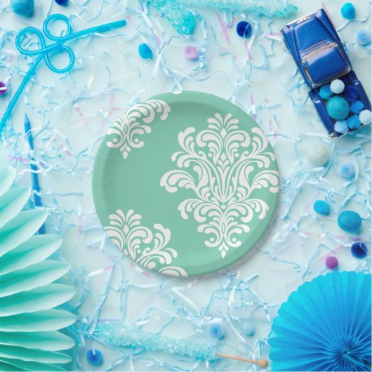 White Damask on Aqua Pattern Pappteller (Party)