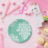 White Damask on Aqua Pattern Pappteller (Party)