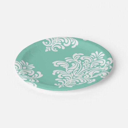 White Damask on Aqua Pattern Pappteller (Schrägansicht)