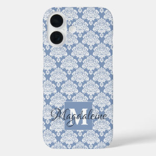 White Damask on Blue Gray Monogram & Name Hübsch iPhone 16 Hülle