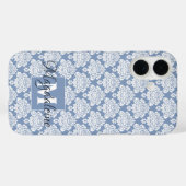 White Damask on Blue Gray Monogram & Name Hübsch Case-Mate iPhone Hülle (Rückseite (Horizontal))