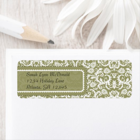 White Damask on Olive Green Gray Rücksendeadresse (Insitu)
