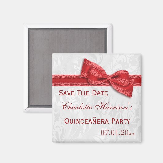 White Damask & Red Bow Quinceañera Save the Date Magnet (Vorderseite/Rückseite)