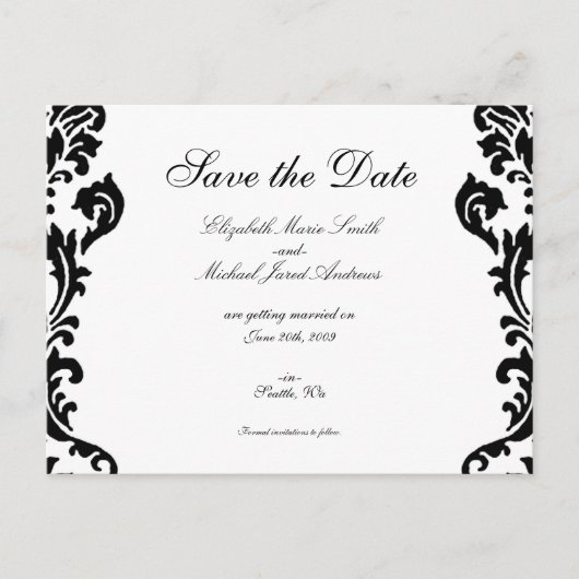 White Damask Save the Date Postkarte (Vorderseite)