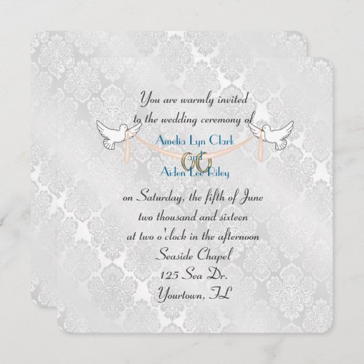 White Damask Shimmer Wedding Einladung (Vorne/Hinten)