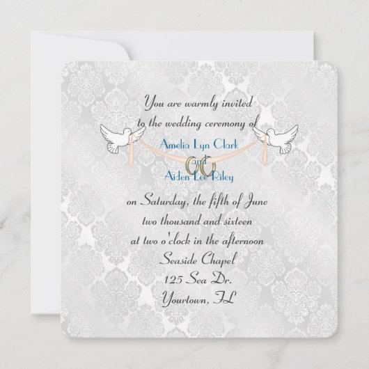 White Damask Shimmer Wedding Einladung (Vorderseite)