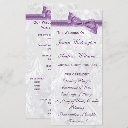 White Damask und Bow-Hochzeitsprogramm für Lila Im Programm (Vorne/Hinten)