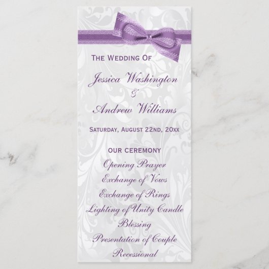 White Damask und Bow-Hochzeitsprogramm für Lila Im Programm (Vorderseite)