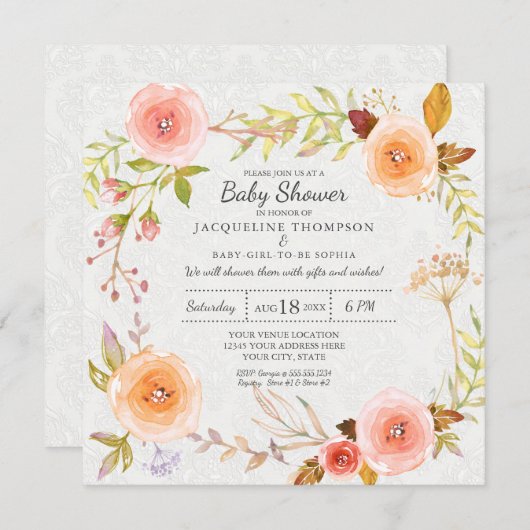 White Damask Wasserfarbe Blumenzauber Typografie Einladung (Vorne/Hinten)