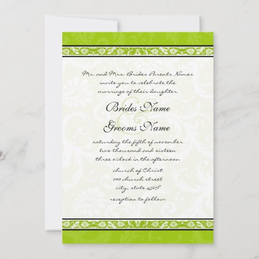 White Damask Wirbel Apple Green Wedding Einladung (Rückseite)