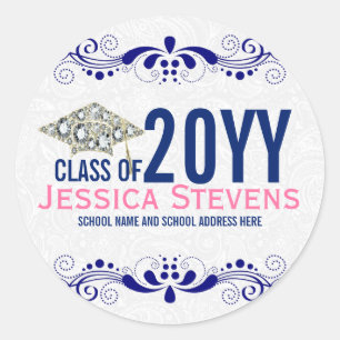 White Damaskus Blue Lace & Diamonds Grad 2015 Hat Runder Aufkleber