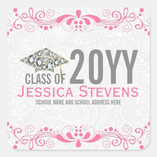 White Damaskus Pink Lace & Diamonds Grad 2015 Hat Quadratischer Aufkleber (Vorderseite)