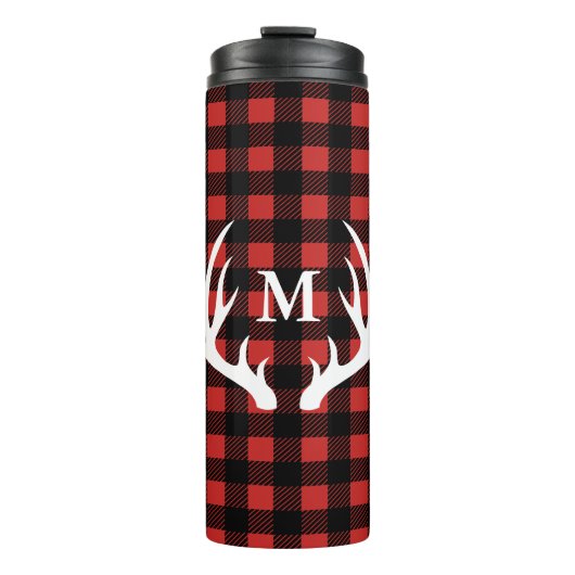 White Deer Antlers Buffalo Karo Kariert & Initial Thermosbecher (Vorderseite)