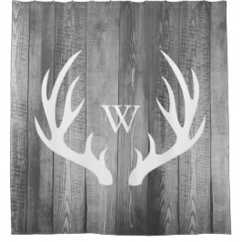 White Deer Antlers Gray Barn Wood Monogram Duschvorhang