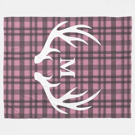 White Deer Antlers Gray Tartan Kariert Personalisi Fleecedecke (Vorderseite (Horizontal))