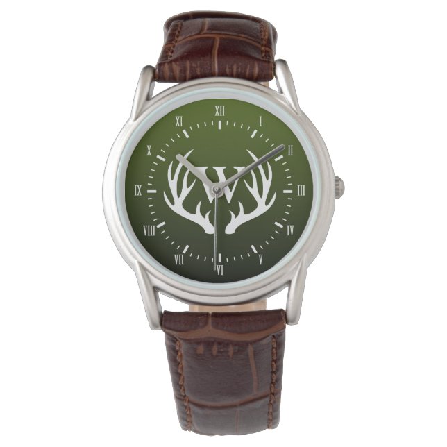 White Deer Antlers Monogram Green Men's Watch Armbanduhr (Vorderseite)