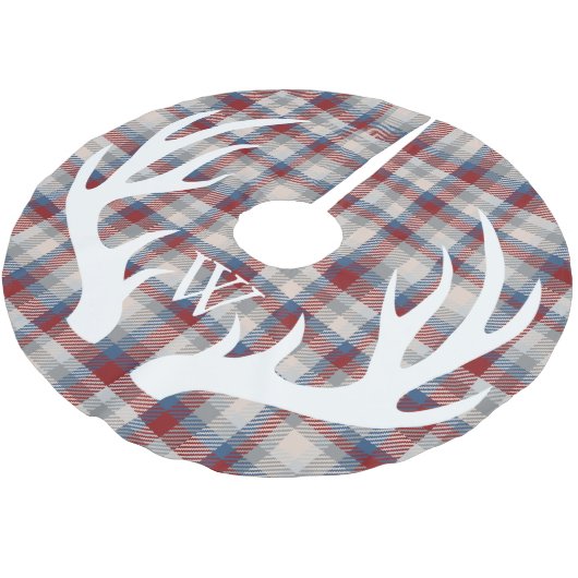 White Deer Antlers Winter Berry Kariert Monogram Polyester Weihnachtsbaumdecke (Schrägansicht)