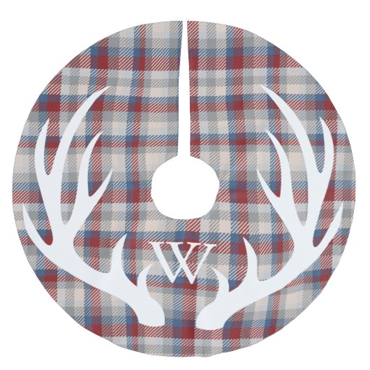White Deer Antlers Winter Berry Kariert Monogram Polyester Weihnachtsbaumdecke (Vorderseite)