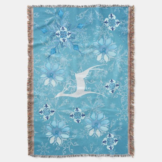 White Deer Icy Blue Snowflake Throw Blanket Decke (Vorderseite Vertikal)