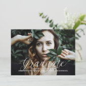 White Delicate Script Foto Abschluss Ankündigung (Stehend Vorderseite)