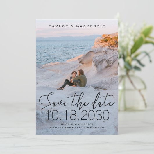 White Delicate Thin Script Foto Save the Date (Stehend Vorderseite)