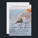 White Delicate Thin Script Foto Save the Date<br><div class="desc">Einfache,  minimale und elegante Foto Save the Date-Karte mit einem zarten,  dünnen Kalligraphie-Script-Schriftart-Overlay in schwarzer Tinte mit großen Hochzeitdatum-Nummern. Laden Sie Ihr Lieblings-Verlobung-Paar Foto hoch und passen Sie die Vorlage an,  indem Sie alle Farben und Schriftart,  die Sie für Ihre Hochzeitsankündigungen gewollt haben,  auswählen.</div>