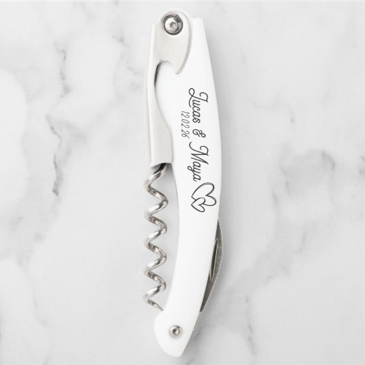 White design with black text custom names wedding kellnermesser (Vorderseite)