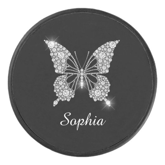 White Diamond Butterfly, DIY Script Name, Black Eishockey Puck (Vorderseite)