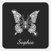White Diamond Butterfly, DIY Script Name, Black Quadratischer Aufkleber (Vorderseite)