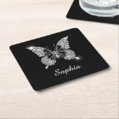 White Diamond Butterfly, DIY Script Name, Black Rechteckiger Pappuntersetzer (angewinkelt)