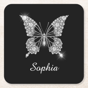 White Diamond Butterfly, DIY Script Name, Black Rechteckiger Pappuntersetzer