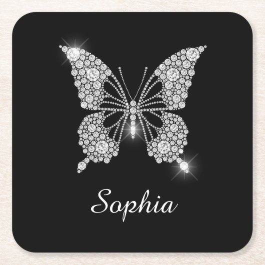 White Diamond Butterfly, DIY Script Name, Black Rechteckiger Pappuntersetzer (Vorderseite)