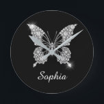 White Diamond Butterfly, DIY Script Name, Black Runde Wanduhr<br><div class="desc">A classy white diamond butterfly design to personalize name in white script text on black background. Click “Customize” to change colors and type styles.</div>