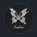 White Diamond Butterfly, DIY Script Name, Black Runde Wanduhr<br><div class="desc">A classy white diamond butterfly design to personalize name in white script text on black background. Click “Customize” to change colors and type styles.</div>