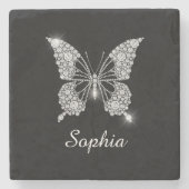 White Diamond Butterfly, DIY Script Name, Black Steinuntersetzer (Vorderseite)