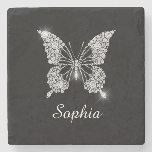 White Diamond Butterfly, DIY Script Name, Black Steinuntersetzer (Vorderseite)