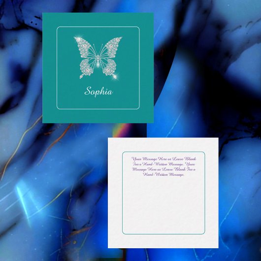 White Diamond Butterfly, Script Name, Deep Aquamar Mitteilungskarte
