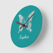 White Diamond Butterfly, Script Name, Deep Aquamar Runde Wanduhr (Winkel)