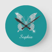 White Diamond Butterfly, Script Name, Deep Aquamar Runde Wanduhr (Vorderseite)