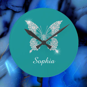 White Diamond Butterfly, Script Name, Deep Aquamar Runde Wanduhr