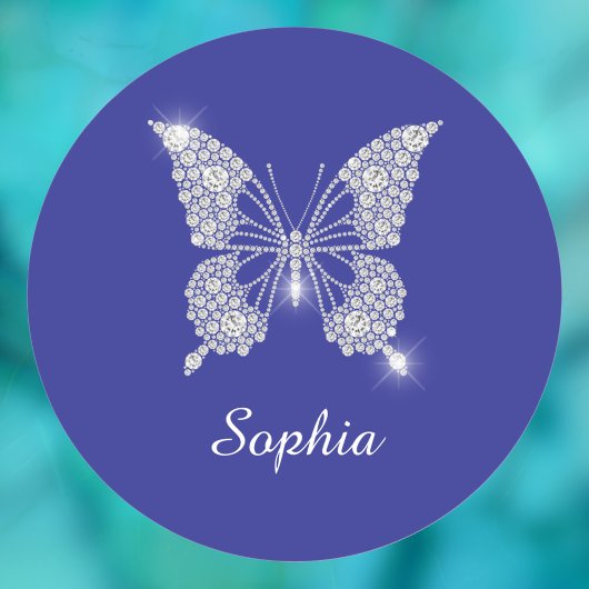 White Diamond Butterfly, Script Name, Deep Blue Runder Aufkleber