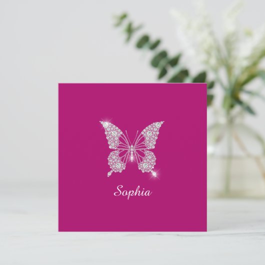 White Diamond Butterfly, Script Name, Deep Fuchsia Dankeskarte (Stehend Vorderseite)