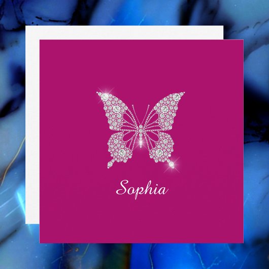 White Diamond Butterfly, Script Name, Deep Fuchsia Einladung
