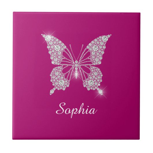 White Diamond Butterfly, Script Name, Deep Fuchsia Fliese (Vorderseite)