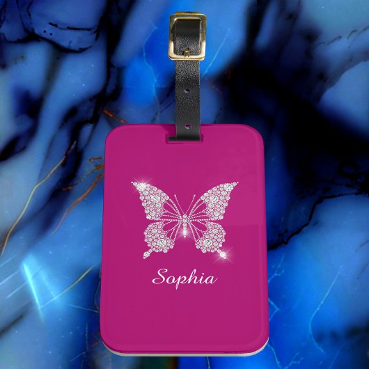 White Diamond Butterfly, Script Name, Deep Fuchsia Gepäckanhänger