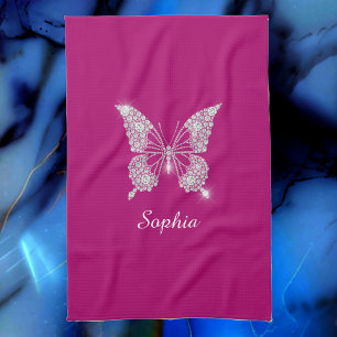 White Diamond Butterfly, Script Name, Deep Fuchsia Geschirrtuch