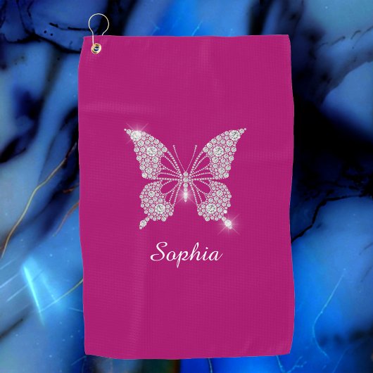 White Diamond Butterfly, Script Name, Deep Fuchsia Golfhandtuch